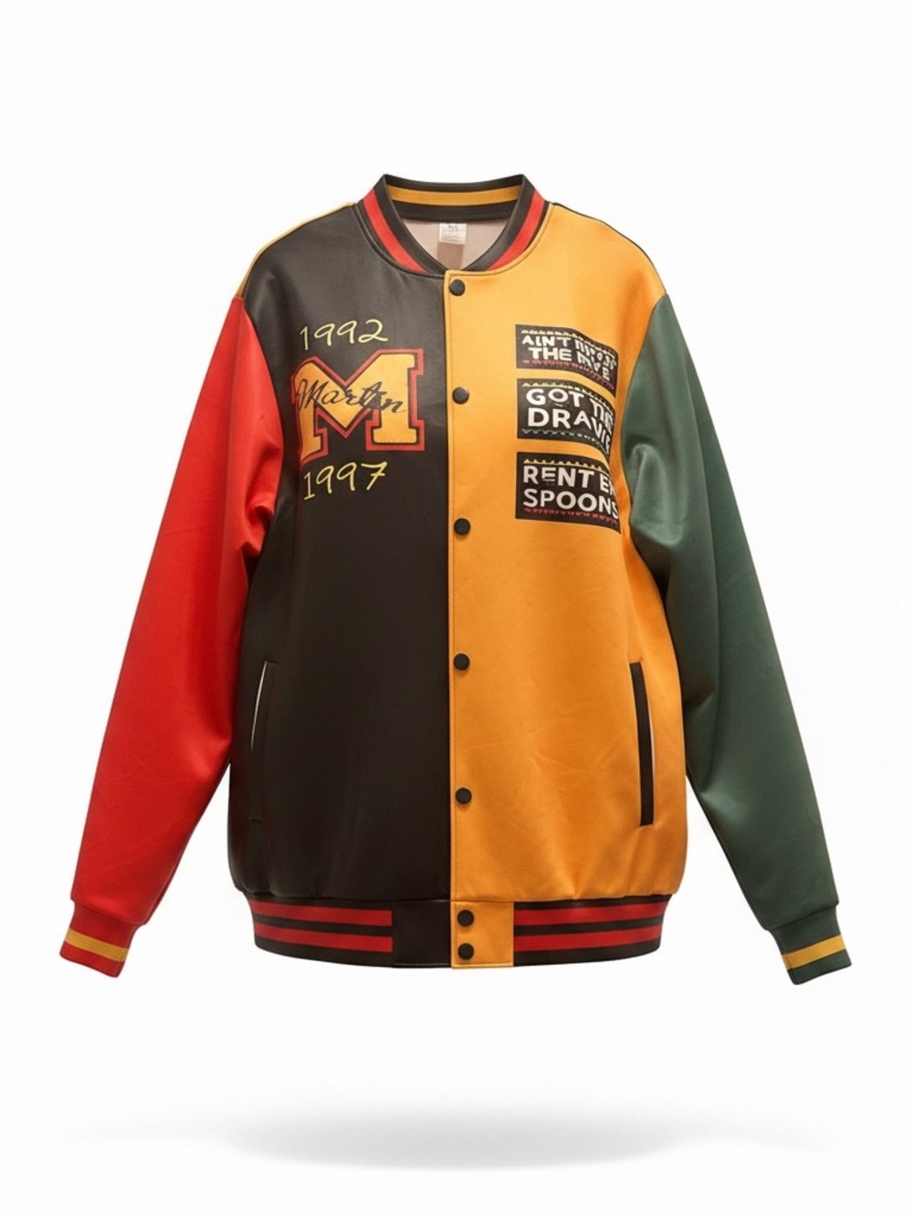 Colorblock Varsity Jacket in Red, Black, Gold & Green